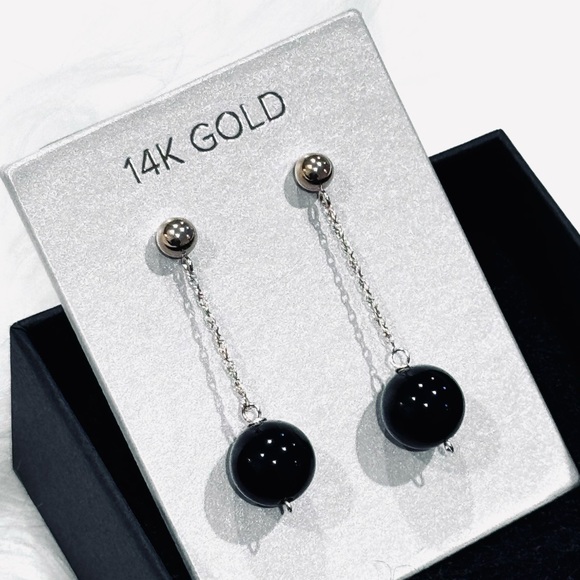 Brand New 14k Yellow Gold Earrings with dangling Obsidian - Picture 2 of 5